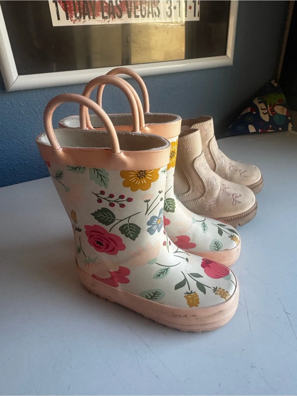 wonder nation Cream Floral Kids Rain Boots with Pink Trim